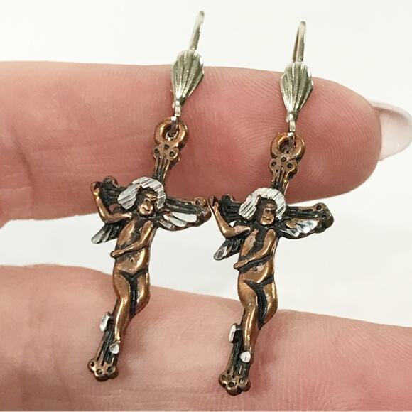 Artist Signed J96 Etched Copper Cherub Angel on Cross Drop Earrings - Picture 3 of 12